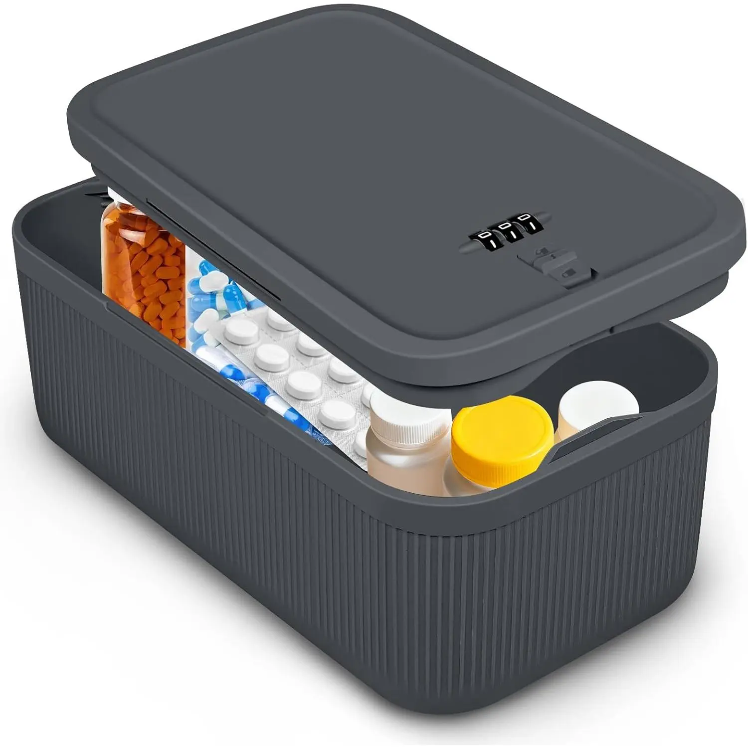 Small Lock Box,Lockable Storage Box with Combination Code for Medication Safe,  Lock Box for Pills/ Kits//Snack Phone Jail,Locked Container for /Fridge/Office/School(Grey)