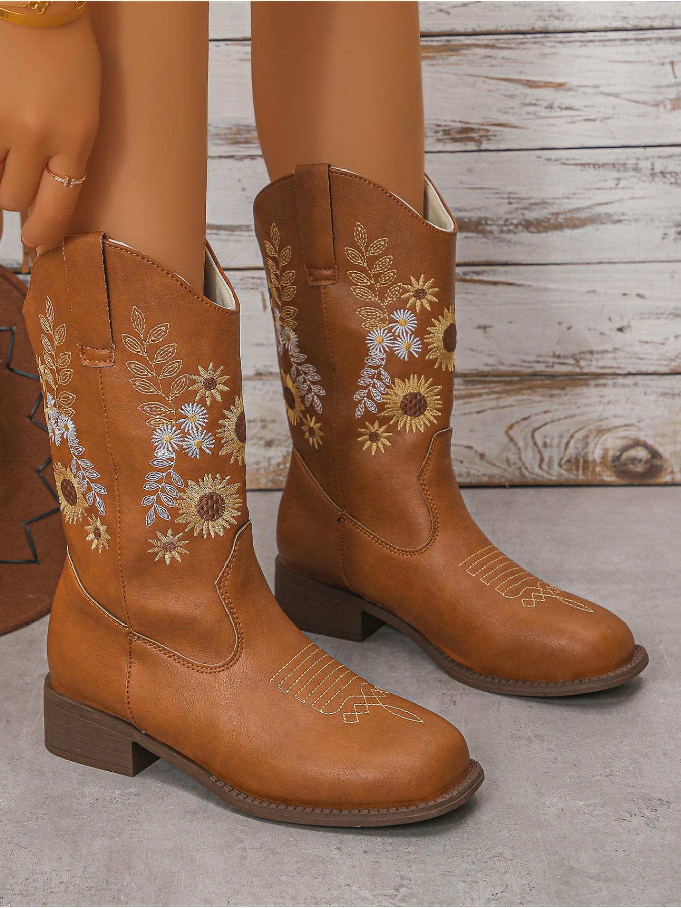 Women's Sunflower Floral Embroidery Mid-Calf Boots, Round Toe Low Heel, Vintage Western Classic Style, Daily Commute Party Fashion Shoes