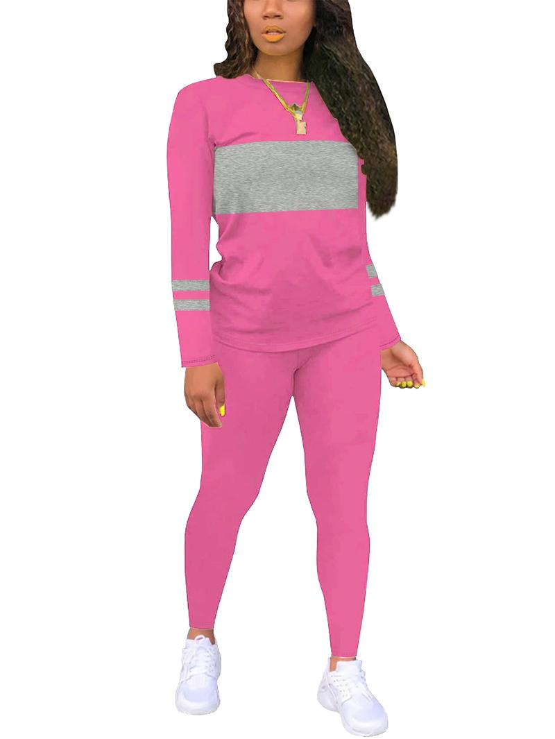 Two-piece Set Women's Colorblock Round Neck Tee & Plain Skinny Pants, Casual Long Sleeve T-shirt & Trousers for Fall & Winter, Women's Clothes for Daily Wear