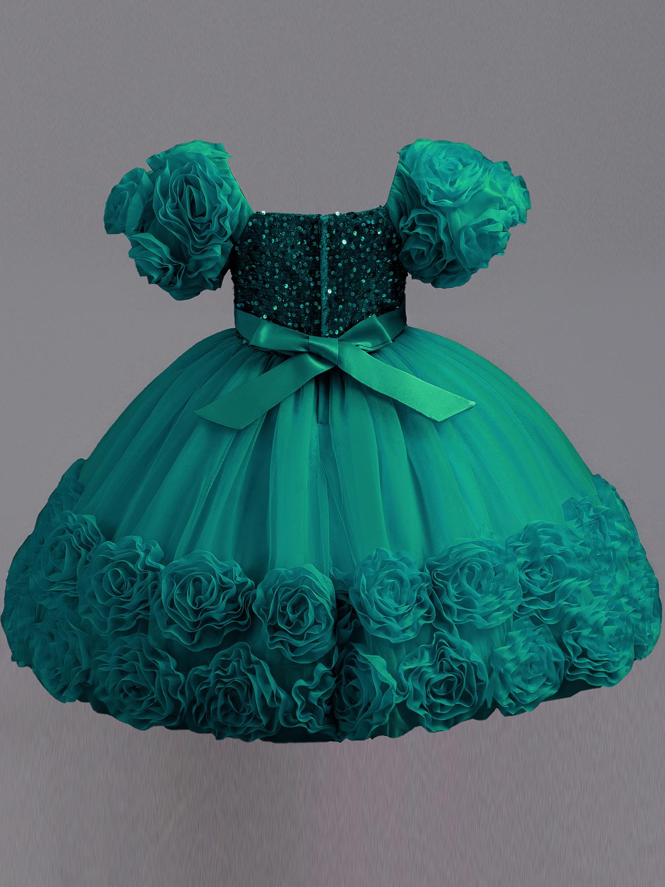 Girls Short Sleeve Party Dress Floral Embroidery Puffy Tulle Bow Flower Girl Princess Gown