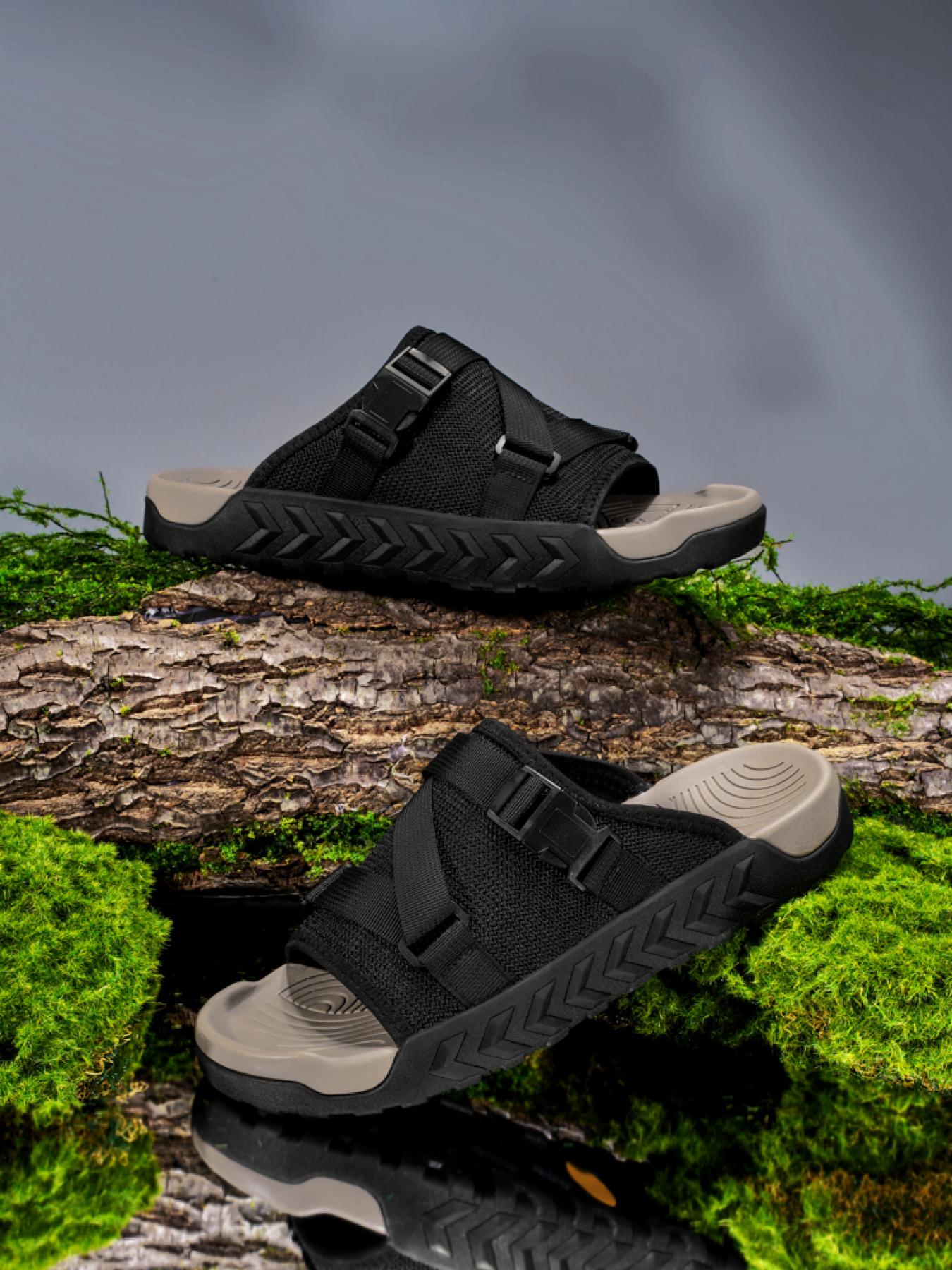 Men's Solid Color Mesh Double Buckle Flip-Flops Thick-Soled Non-Slip Outdoor Sandals Breathable Casual Beach Slippers