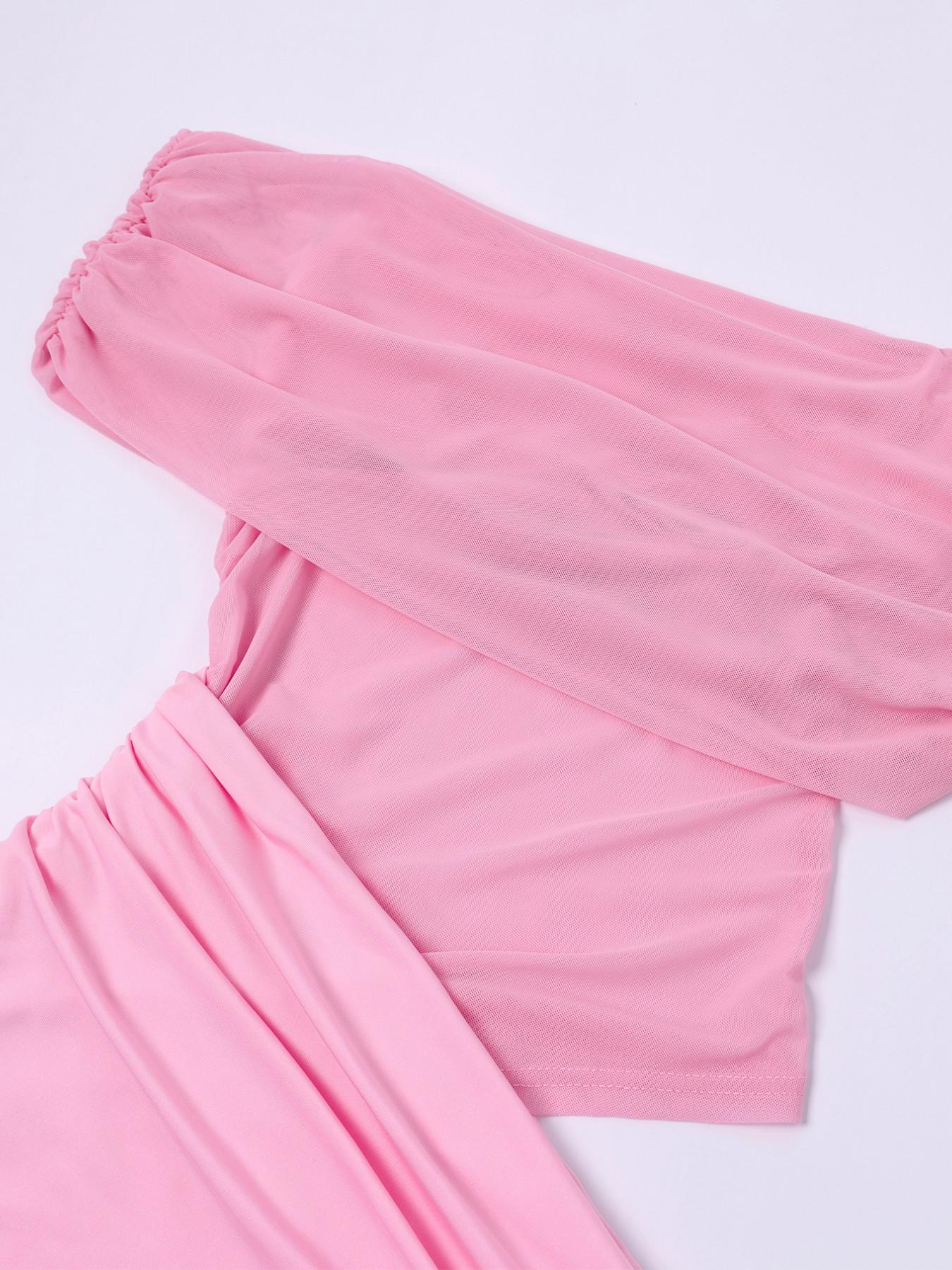 Backless Ruched Waist Hollow Out Mesh One Shoulder Tight Dress, Summer Sexy Elegant Couple Date Party Short Skirt