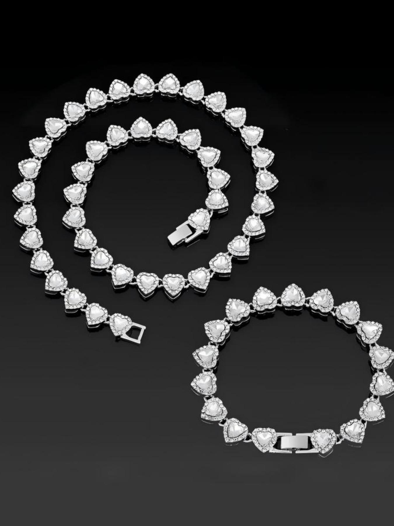 2pcs Set Heart Shaped Cuban Chain Necklace Set for &,Hip Hop Style Choker Set,Luxurious Jewelry Set for Valentine's Day Gifts, Birthday,Everyday & Party Wear, for Teenager