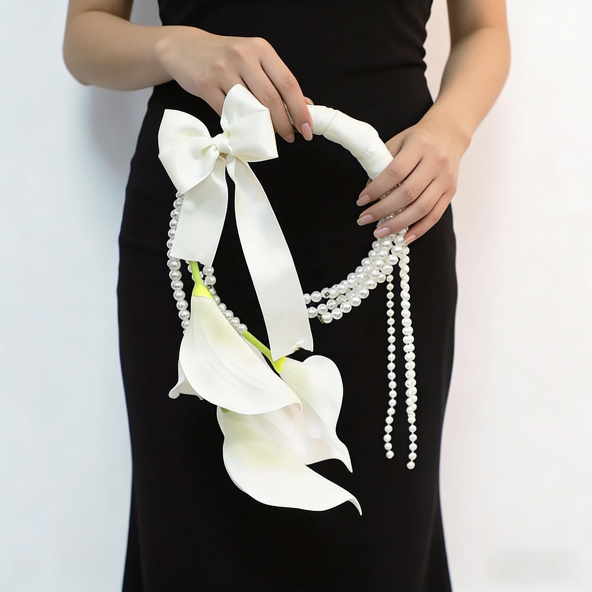 Lily and Pearl Bride Wrist Corsage, 37cm Artificial Flower Handheld Ring, Wedding Ceremony Engagement Party Decoration