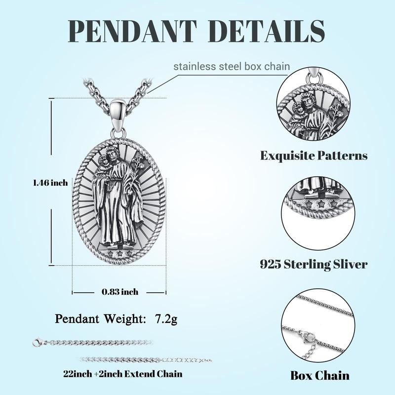 DRINSPER St Joseph Necklace 925 Sterling Silver Pendant Saint Joseph the Foster Father of Jesus Christ Patron Saint of Carpenter and Family Daily Wear Silver Jewelry Religious Protection Amulet Gift for Men