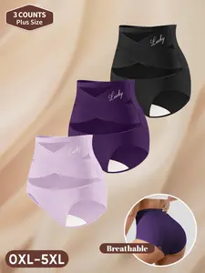 3-Pack MEIYATING Plus Size Women's Underwear, High Waist Tummy Control, Breathable Mesh, Seamless Triangle Panties, All Seasons Casual Style