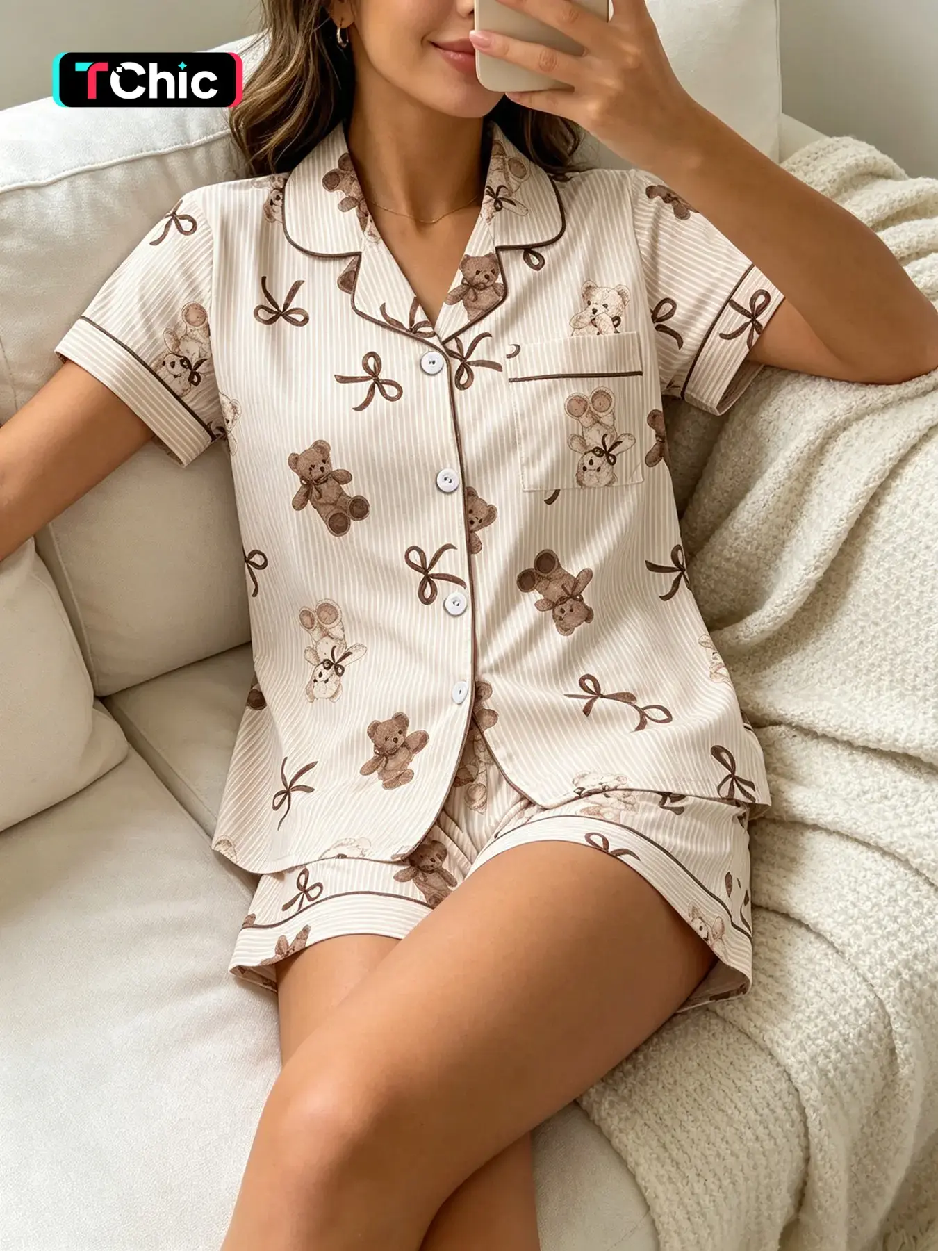 Women's Short Sleeve Button Down Top and Shorts Collared Pajama Set, Loungewear, Nightwear, Spring Summer Wear, For Japanese Kawaii Soft Girls, Beige Stripe Soft Teddy Bear Print, Small Lapel Collar, Slim Fit No Bulk, Comfortable For Daily Home Wear, Pjs