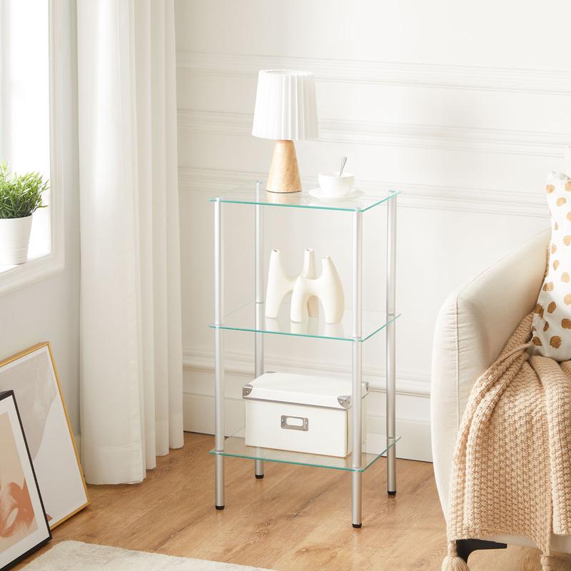 HOOBRO Tempered Glass Side Table for Bathroom, Bedroom, Home Office, Steel Frame Durable Glass Shelf, 3 Tier Standing Shelf Unit,  Space-Saving, Silver#springtok