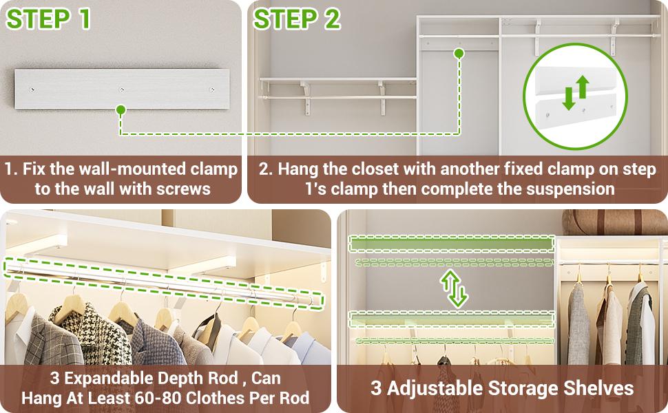 8FT Wall Mounted Closet System with 3 Shelving Towers and 3 Hanging Rod,96'' Hanging Walk In Closet Organizer System with 2 Wooden Drawers,Hangable