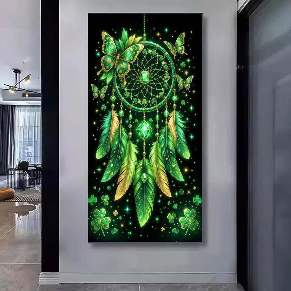 5D Diamond Painting Kit Full Round Drill Dreamcatcher, Butterfly, Green DIY Mosaic Wall Art, Beginner Craft Set (with tools), Home Wall Decoration Gift, Diamond Art Kit