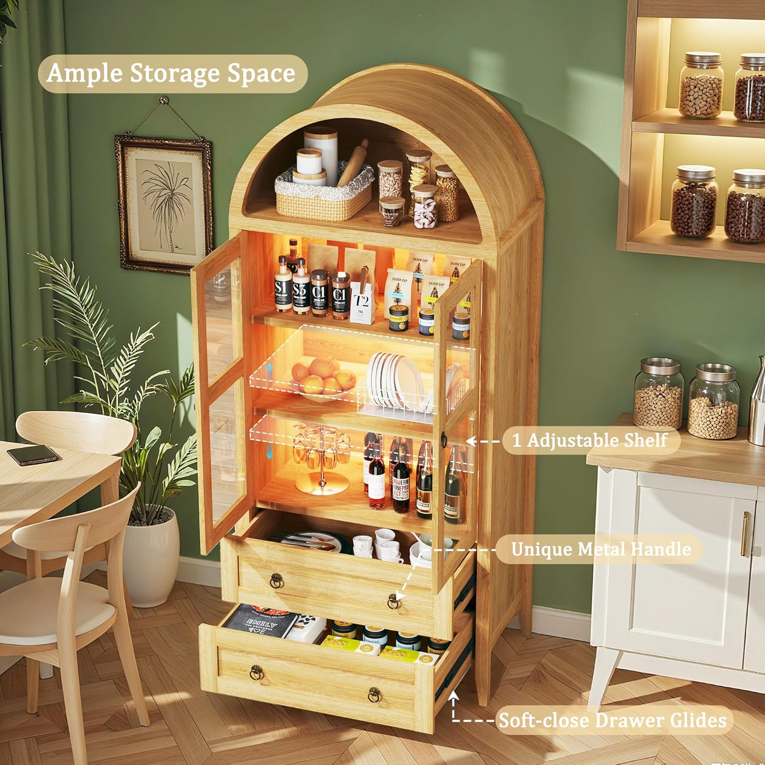 71" Tall Arched Kitchen Pantry, Pantry Cabinet, Kitchen Storage Cabinets with 2 Large Drawers & Adjustable Shelves & Glass Door for Living Room,Dining Room, Natrual