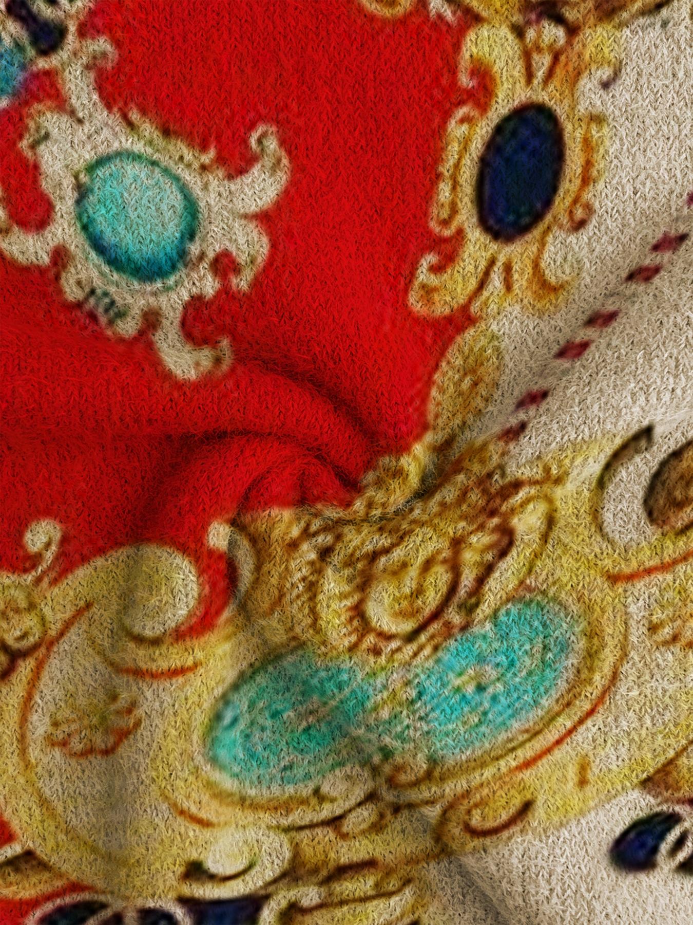 Women's Elegant Baroque Print Stand Collar Fitted Sweater, Fall Winter Casual Long Sleeve Knitwear, Comfortable Warm Top for Daily Wear