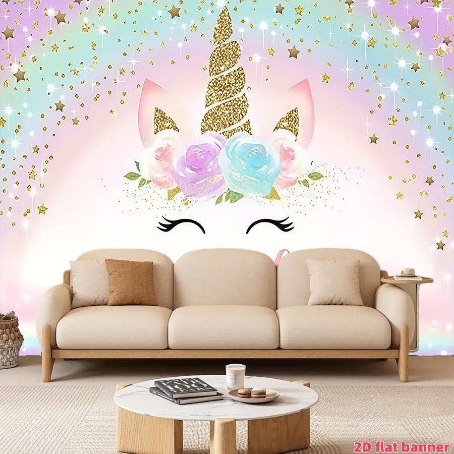 Flash gold unicorn birthday party background banner with rainbow stars, pink theme, polyester material, suitable for photo booths, parties, birthdays, celebrations, indoor and outdoor home birthday party decoration, home decoration, room decoration