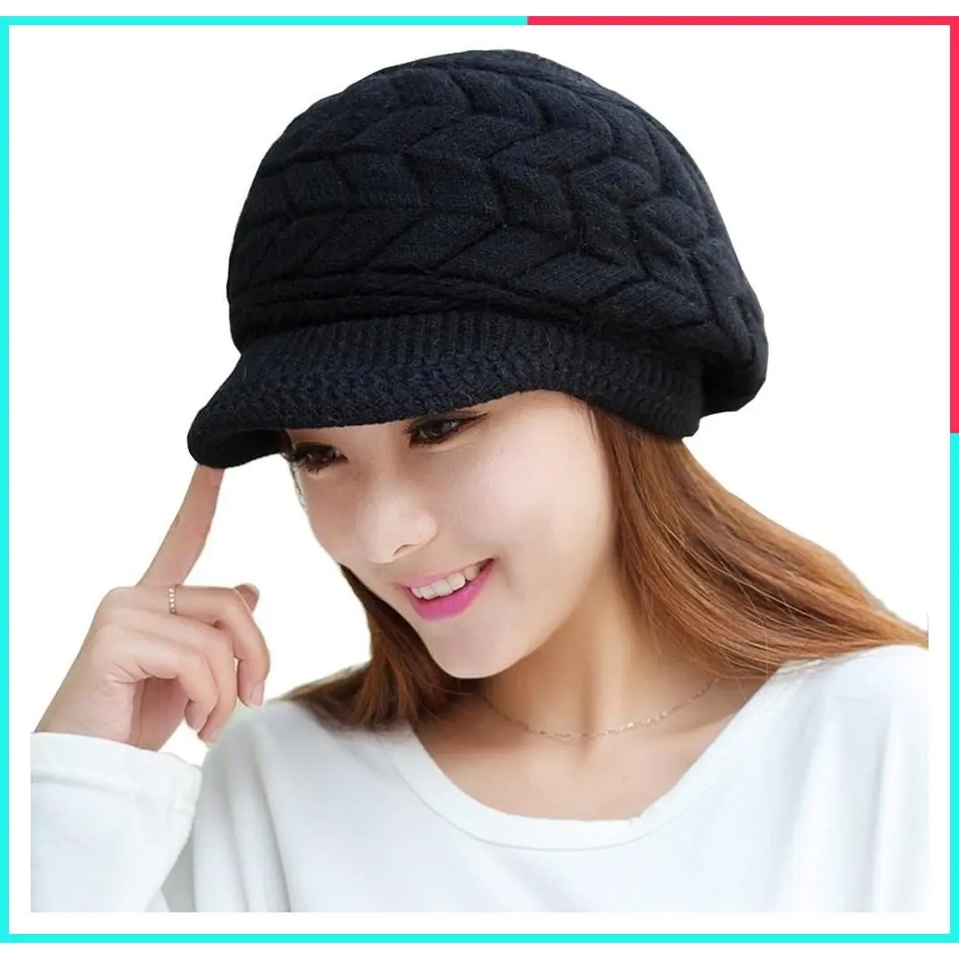 Women's Warm Knit Wool Ski Hat with Visor - Insulated Winter Beanie for Skiing & Snowboarding