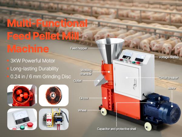 VEVOR Feed Pellet Mill Machine, 6 mm Animal Feed Pellet Making Machine, 3KW 240V Animal Food Granulator Mill Machines with 3 Pressure Rollers 4 Wheels, Ideal for Poultry, Livestock, Farm Animals