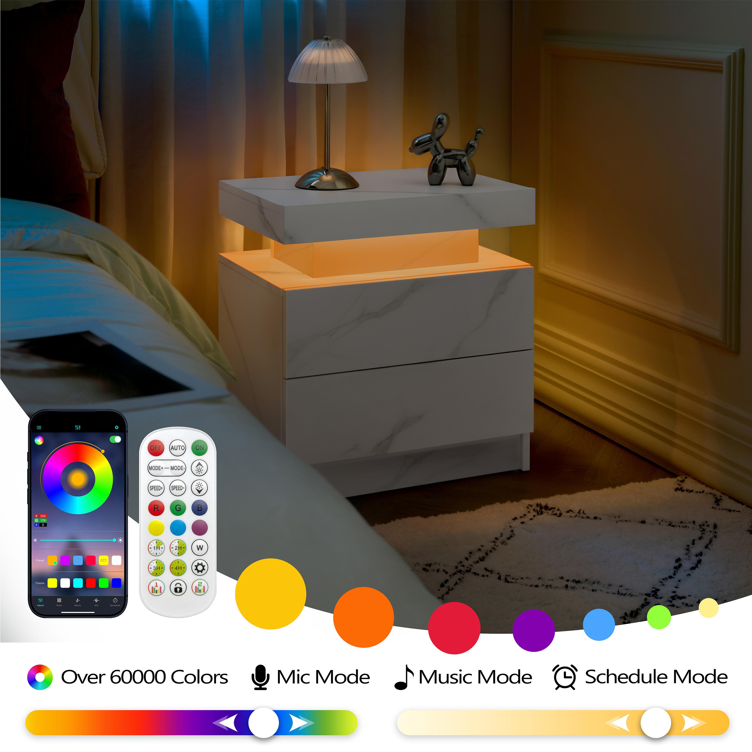 Modern Nightstand LED Bedside Table Cabinet with 2 Drawers Adjustable Multi-color Lights for Bedroom & Living Room Easy Assembly
