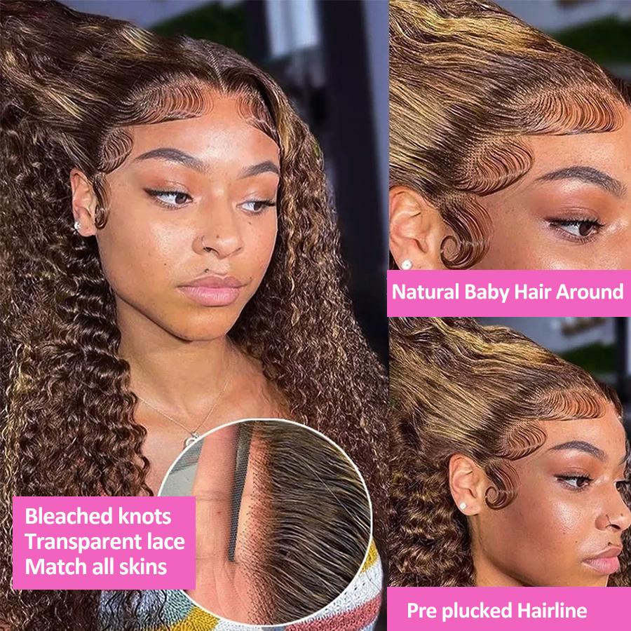 Pizazz Hair 4/30 Highlight Ombre Lace Front Wig Human Hair 13x5/13x6 Deep Wave Honey Blonde Pre Plucked HD Transparent Lace Frontal Wigs 220% Density Deep Wave Wigs