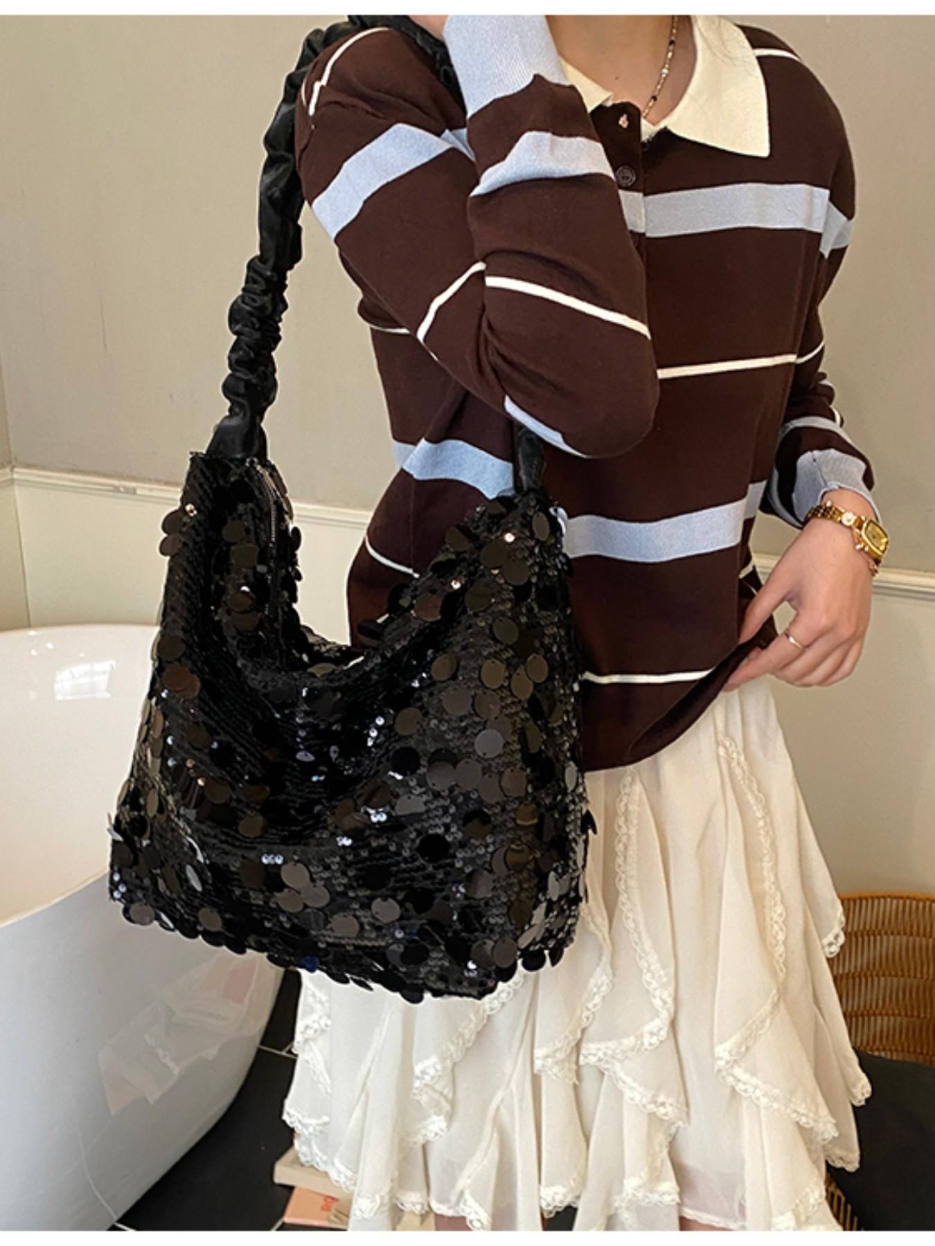 Luxury Sequined Handbag for Women, Silver Color, Large Capacity, Zip Closure, Party, Nightclub, Wedding, Concert