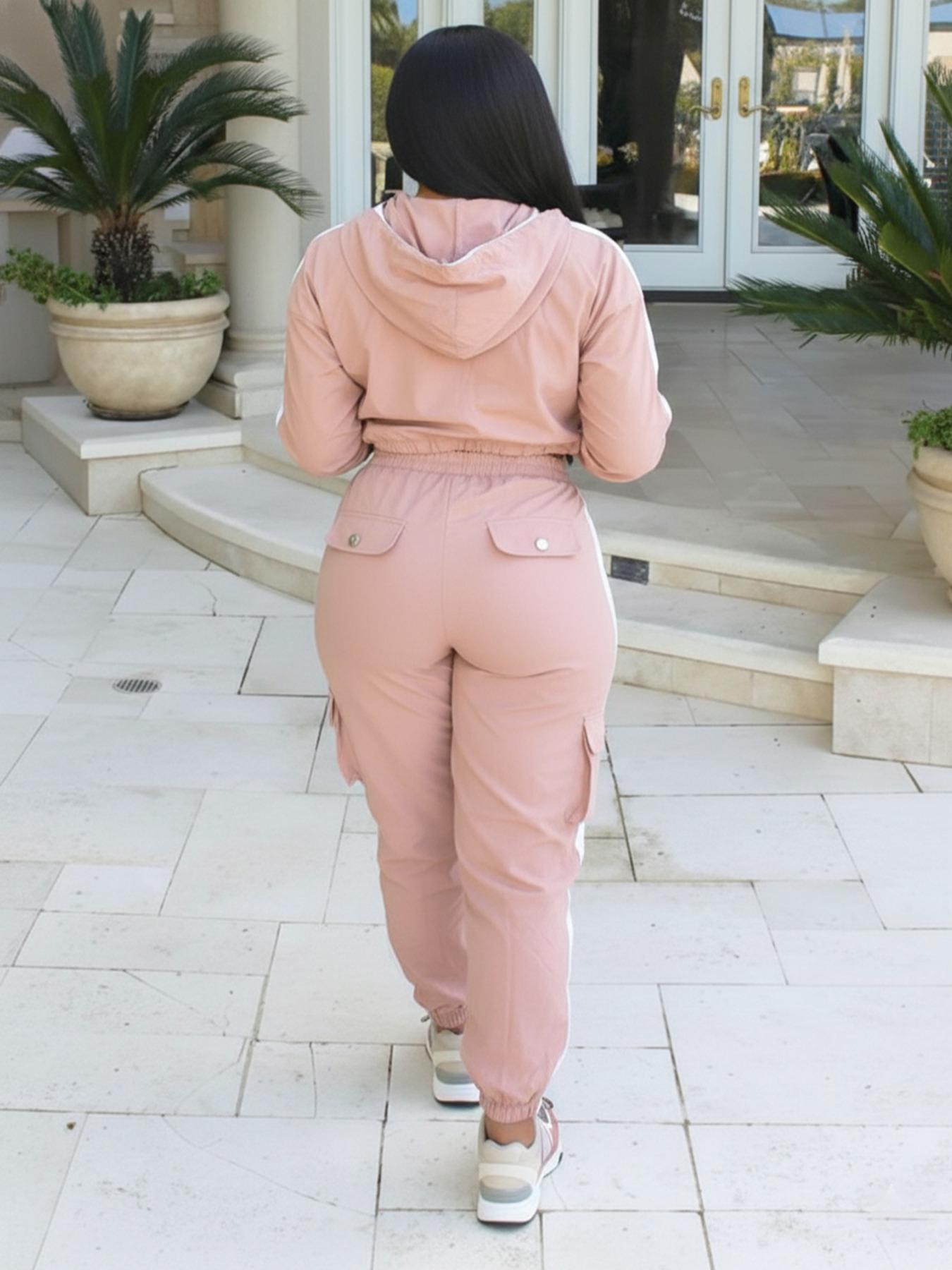 Women's Two-Piece Workwear Sport Set, Long Sleeve Zipper Windbreaker Jacket, High Waist Multi-Pocket Cargo Pants, Colorblock Design, Athletic Activewear Tracksuits, Athleisure Wear Set