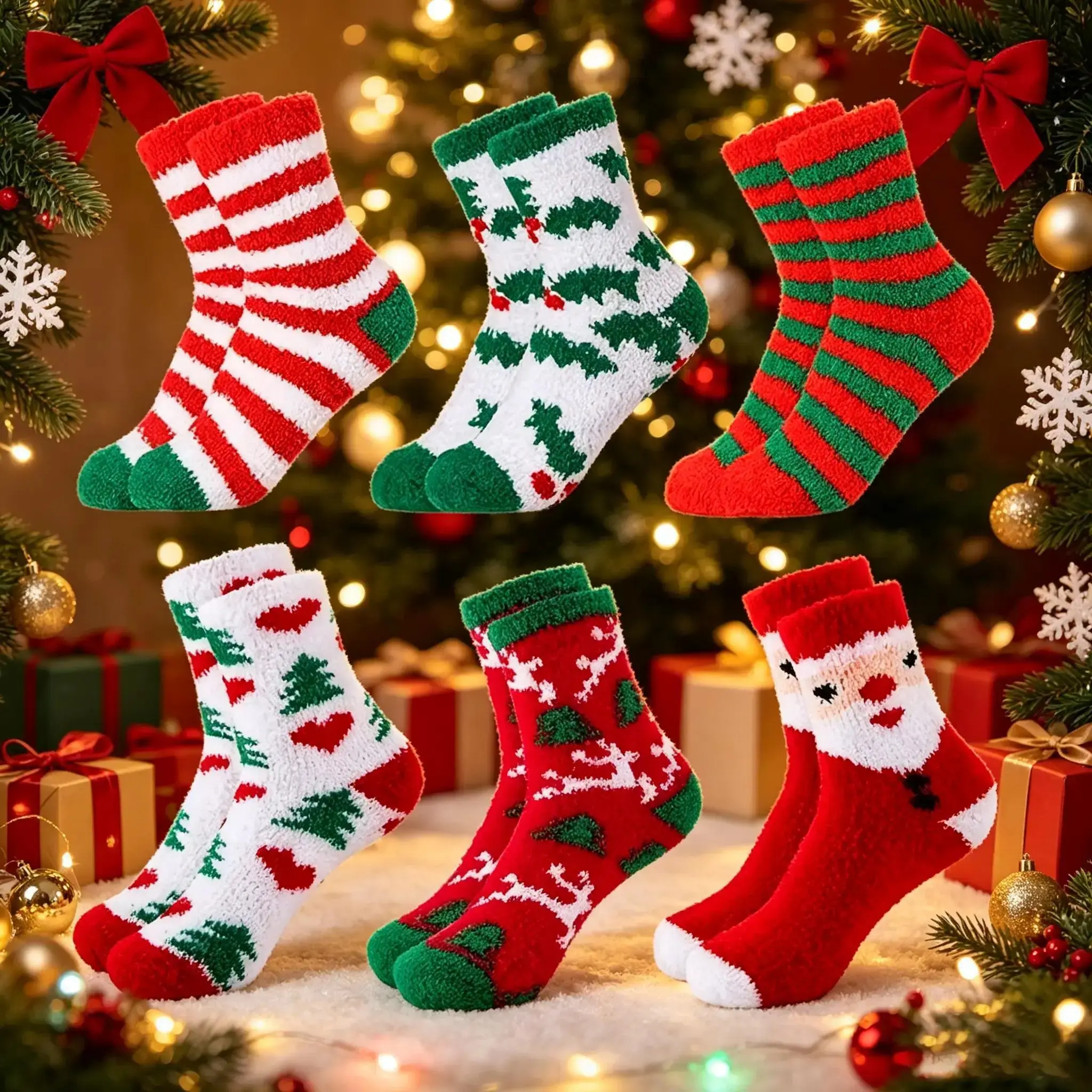 6 Pairs Women Christmas Fuzzy Floor Sleep Socks, Thickened Coral Fleece Seasonal Pattern Hosiery, Warm Soft Indoor Footwear, Versatile Home Accessory for Night Rest, Lounging & Sentimental Holiday Gift-Giving