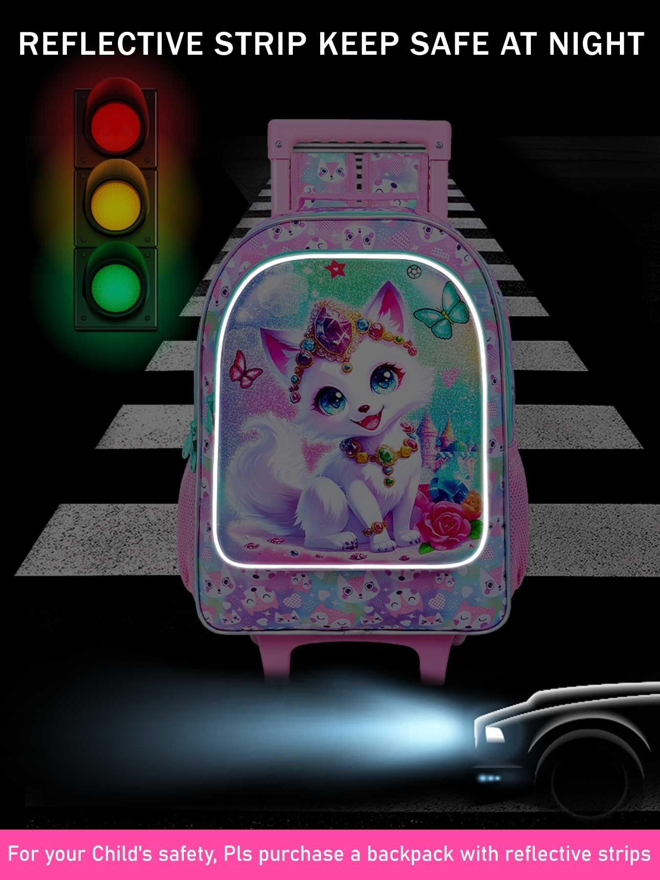 Girls' Rolling Backpack Set, Fox Pattern School Bag with Wheels, School Backpacks, Rolling Bookbag and Lunch Box for Preschool (white)