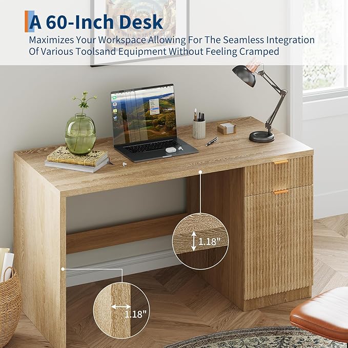 60" Executive Desk with Storage, Modern Home Office Desk with Drawer & Cabinet, Wood Fluted Computer Desks Workstation Writing Conference Table for Study, Living Room, Bedroom