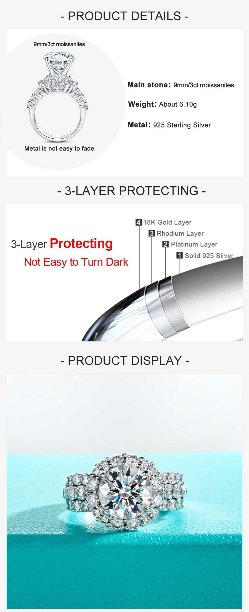 AnuJewel 3CT Round Moissanite Engagement Rings D Color 925 Sterling Silver Ring Gift for Anniversary Brithday Women Her with Certificate