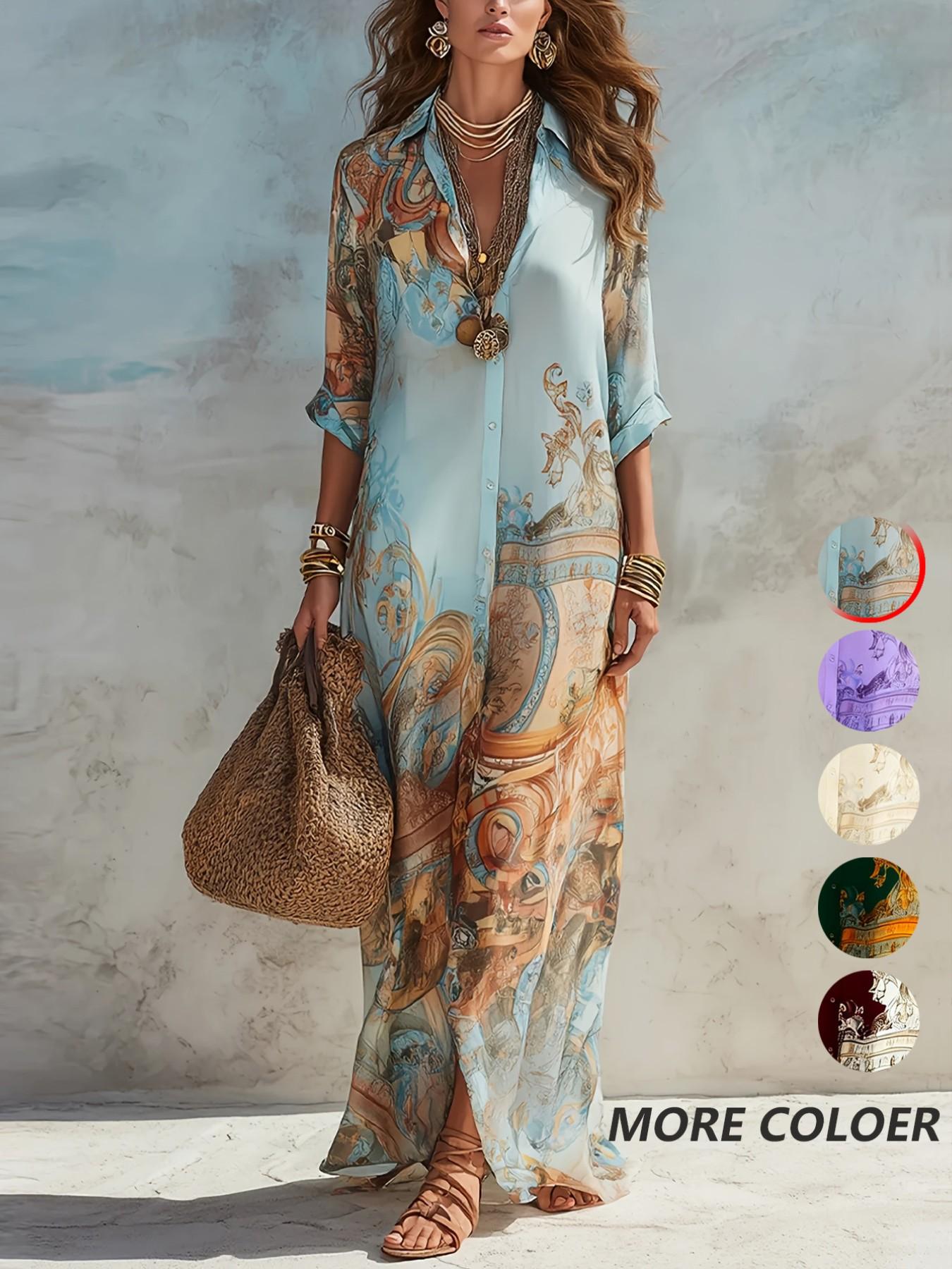 Casual Random Print Notched Lapel Button Long Maxi Slim Fit Dress, Autumn Party Gown, Women's Fashionable Evening Wear, Elegant and Comfortable Design, Elegance