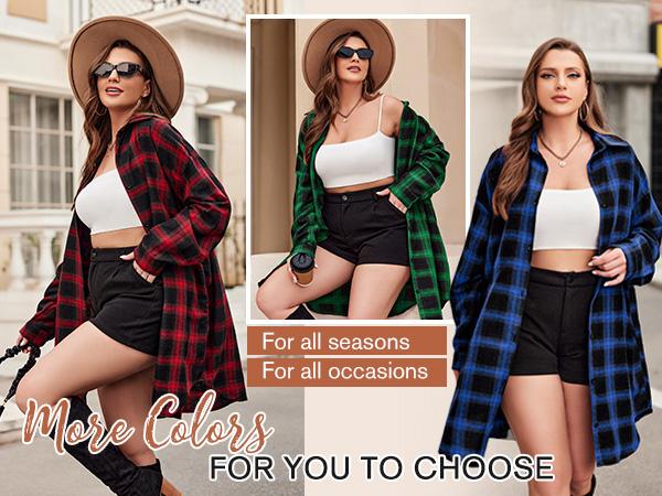 IN'VOLAND Womens Plus Size Plaid Shirt Long Sleeve Button Down Blouses Tops Shacket Jackets Coats with Pockets Chic Fashion Lightweight#US 2025 Deals for You Days Size runs small thin