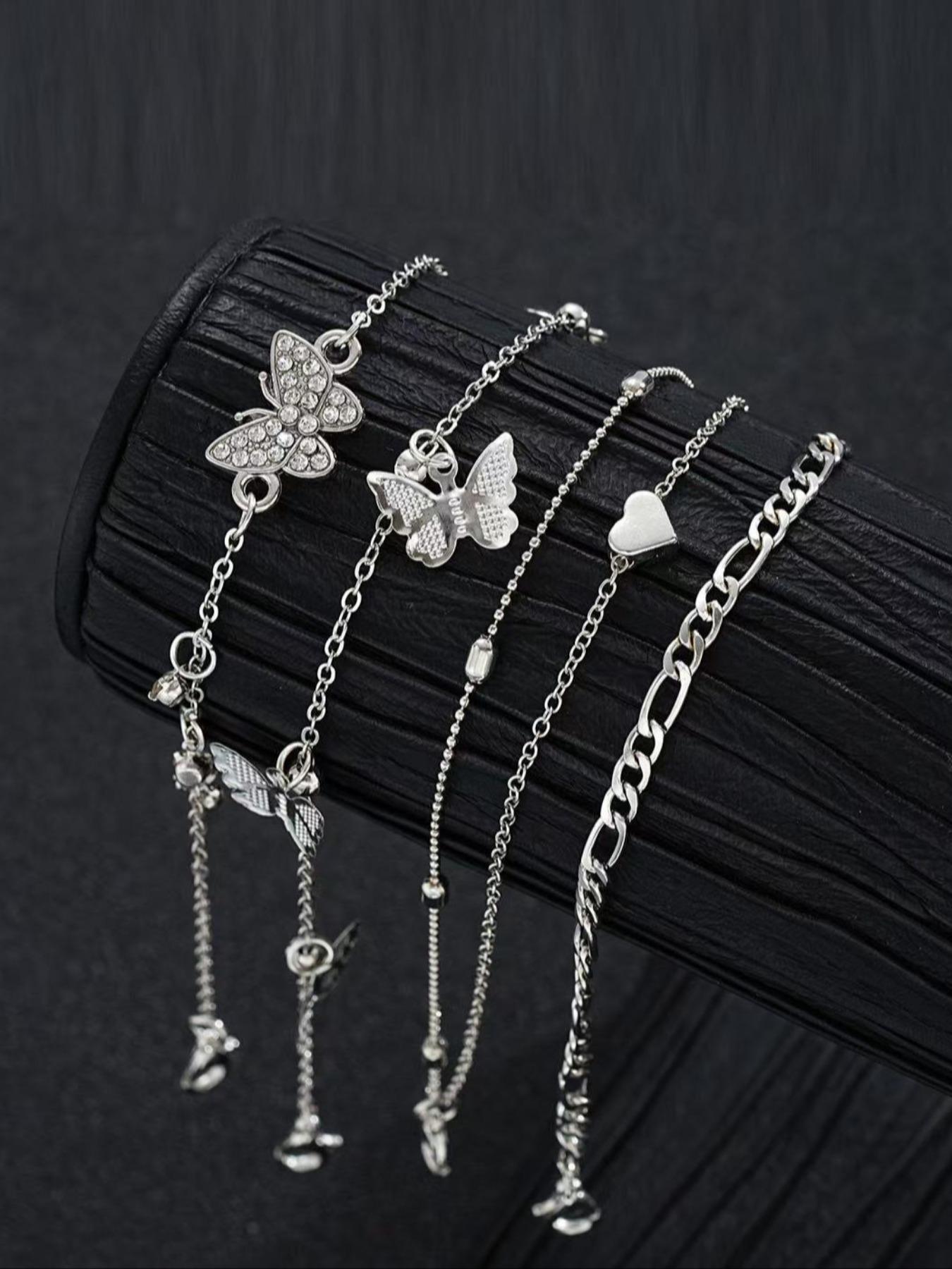 Set of 4 Boho Anklets for Women, Wearable Jewelry, Jewelry, Jewelry Accessories, Multi-Layer Beaded Anklet Set with Butterfly & Heart Designs, Embellished with Synthetic Diamonds, For Summer Holidays, Beach Parties & Bikini Outfits, Foot Jewelry