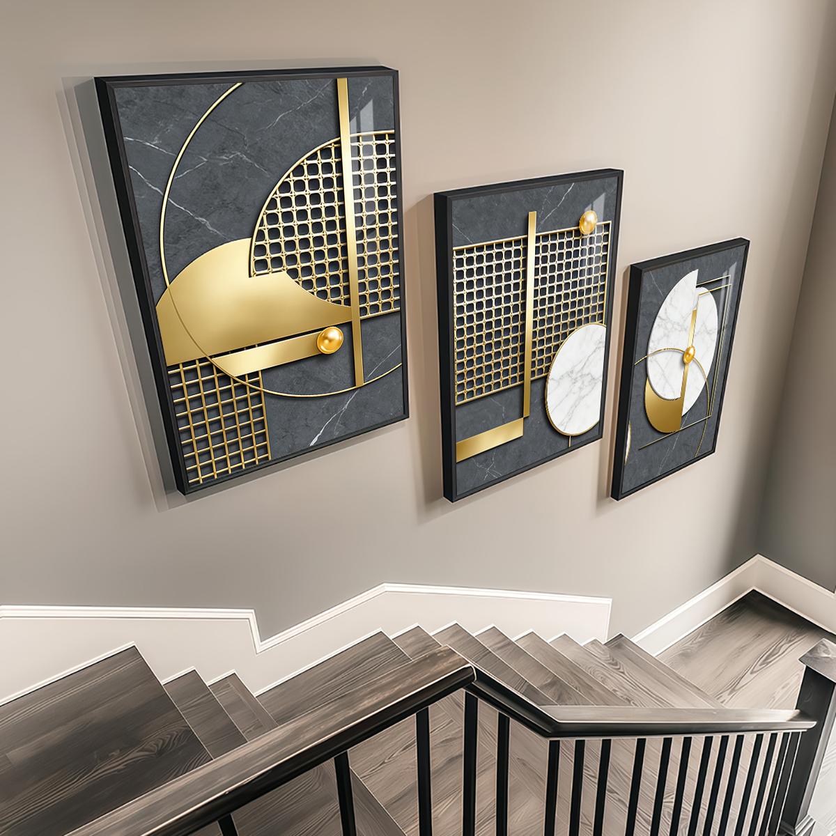 3 Counts Aluminum Alloy Framed Painting, Geometric Gold And Marble Abstract Art, Home Decoration For Living Room, Bedroom, Office, Restaurant, Hallway Wall Decor, Odorless Print Artwork, Luxury Perfect Gift For Friends And Family