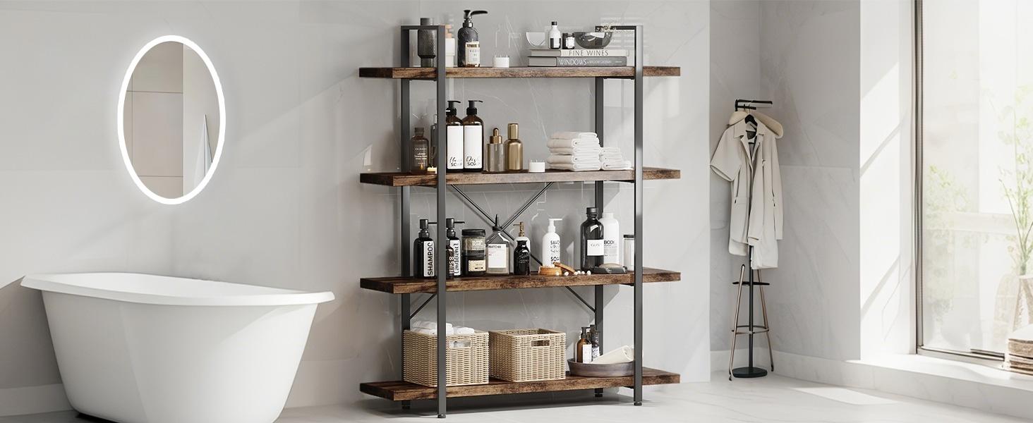 4-Tier Industrial Bookcase, 47 Inch Wide Wood Bookshelf, 120lbs Shelf Capacity, Rustic Open Shelving Heavy Duty Display with Reinforced Horizontal Brown Shelves for Living Room Bedroom Office