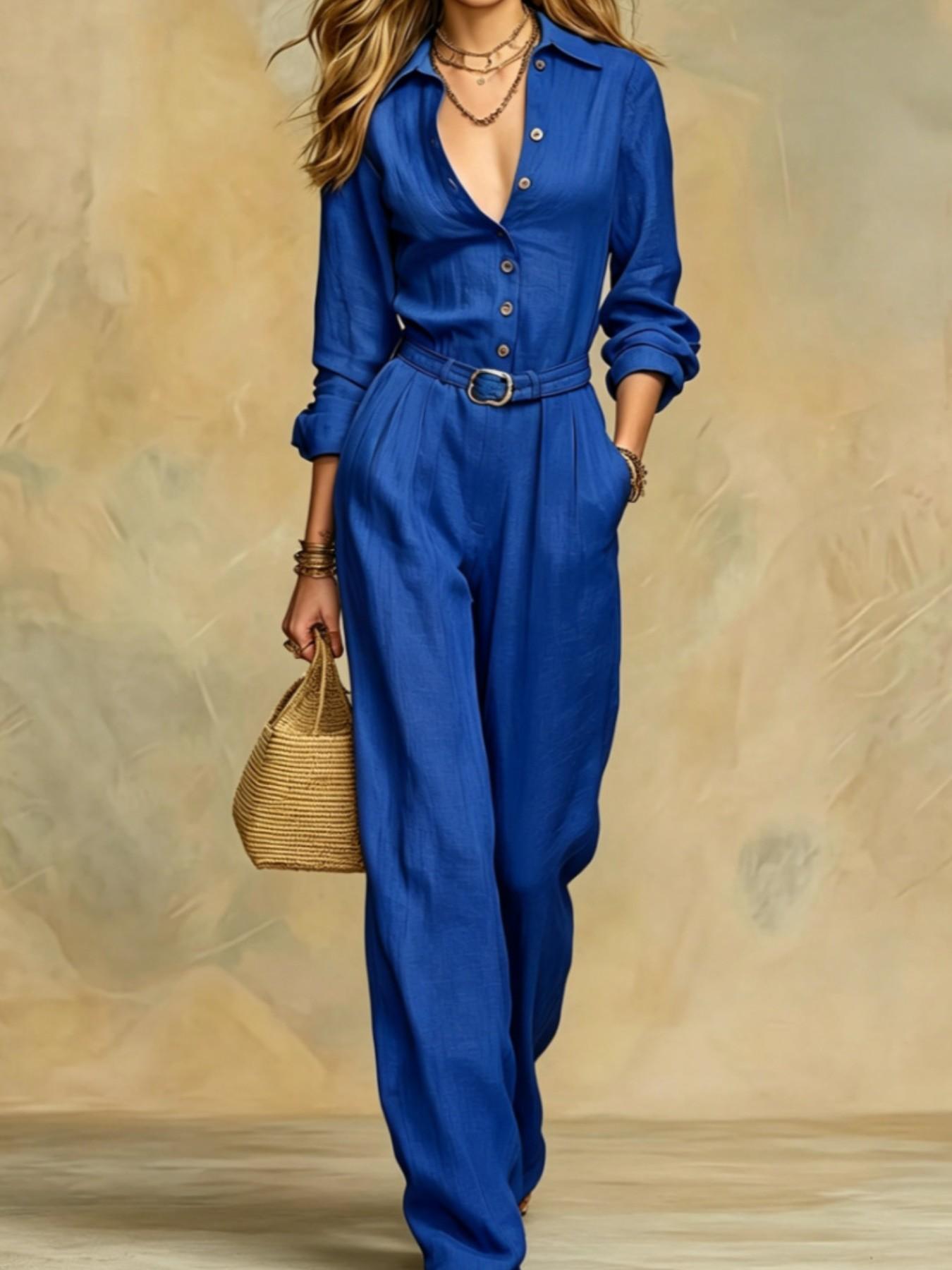 2026 European and American Style Elegant New Solid Color Women's Fashion Casual Long Sleeves Button High Waist Romper, Trendy and Comfortable One-Piece