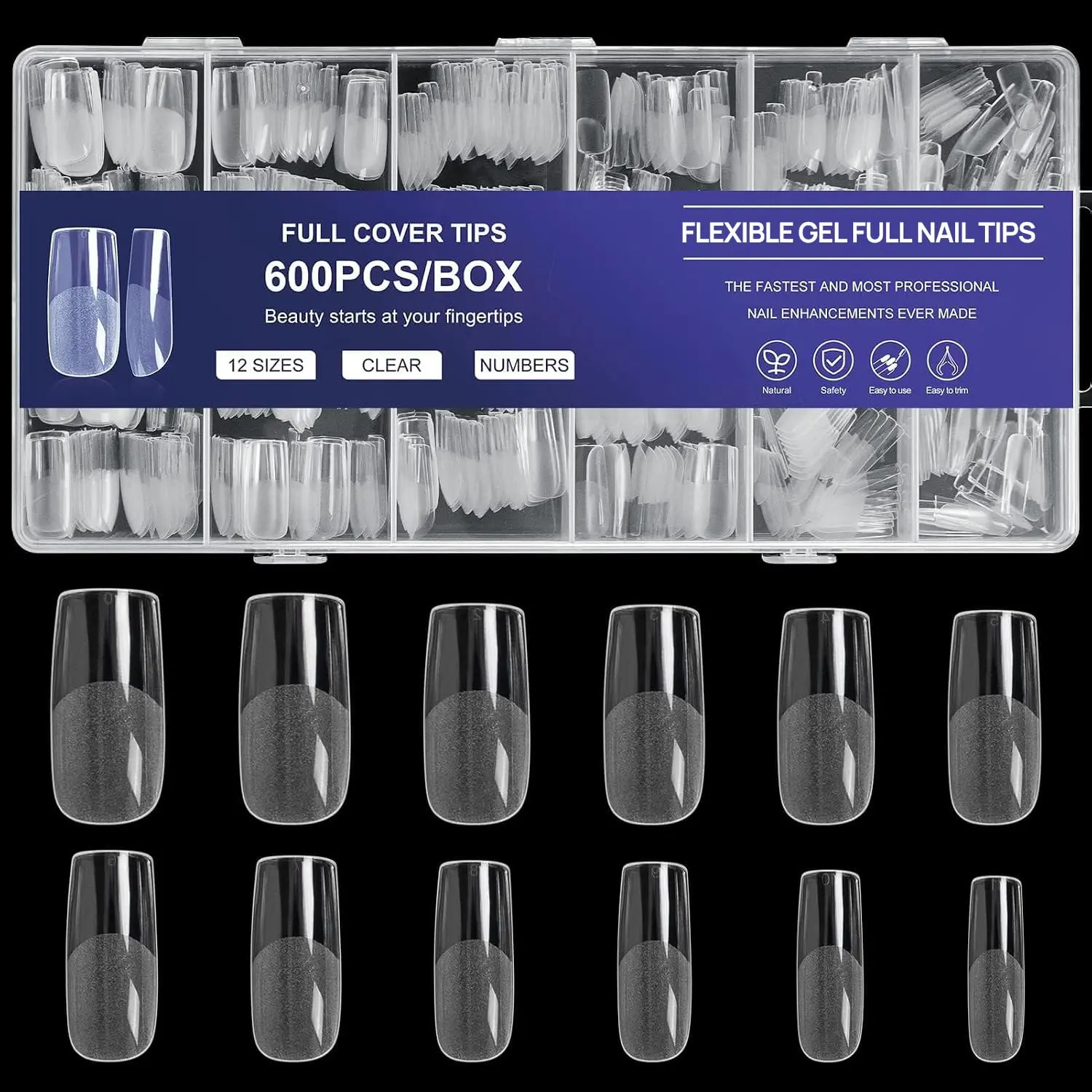 600 count Medium Square Flexible  Tips, Clear Half Matte Full Cover