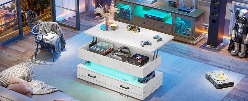 SEDETA 40-inch Faux Marble Rectangular Coffee Table with Drawers & LED Lights Living Room Furniture Foldable Height Adjustable Storage Compartment