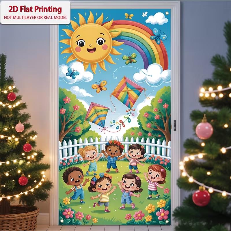 2D Flat Happy Kids Spring Summer Door Banner, Cartoon Sun Rainbow Kite Garden Backdrop, Kids Birthday Party Classroom Decor