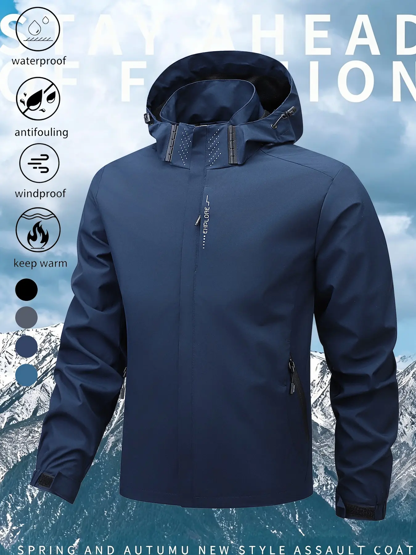Men's Waterproof Windproof Hooded Jacket, Outdoor Lightweight Rain Coat for Hiking Camping Travel