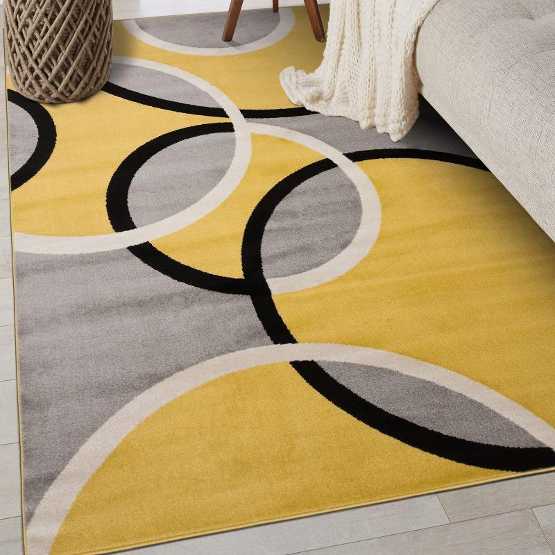 Modern Abstract Interlocking CircleGeometric Flannel Area Rug Yellow Grey Black WhiteContemporary Print Soft Mat for Living Room, Non-Slip MinimalistHomeDecor#AbstractInterlockingCircleRug #GeometricContemporaryMat #MinimalistHomeDecor  #NonSlipFlannelRug