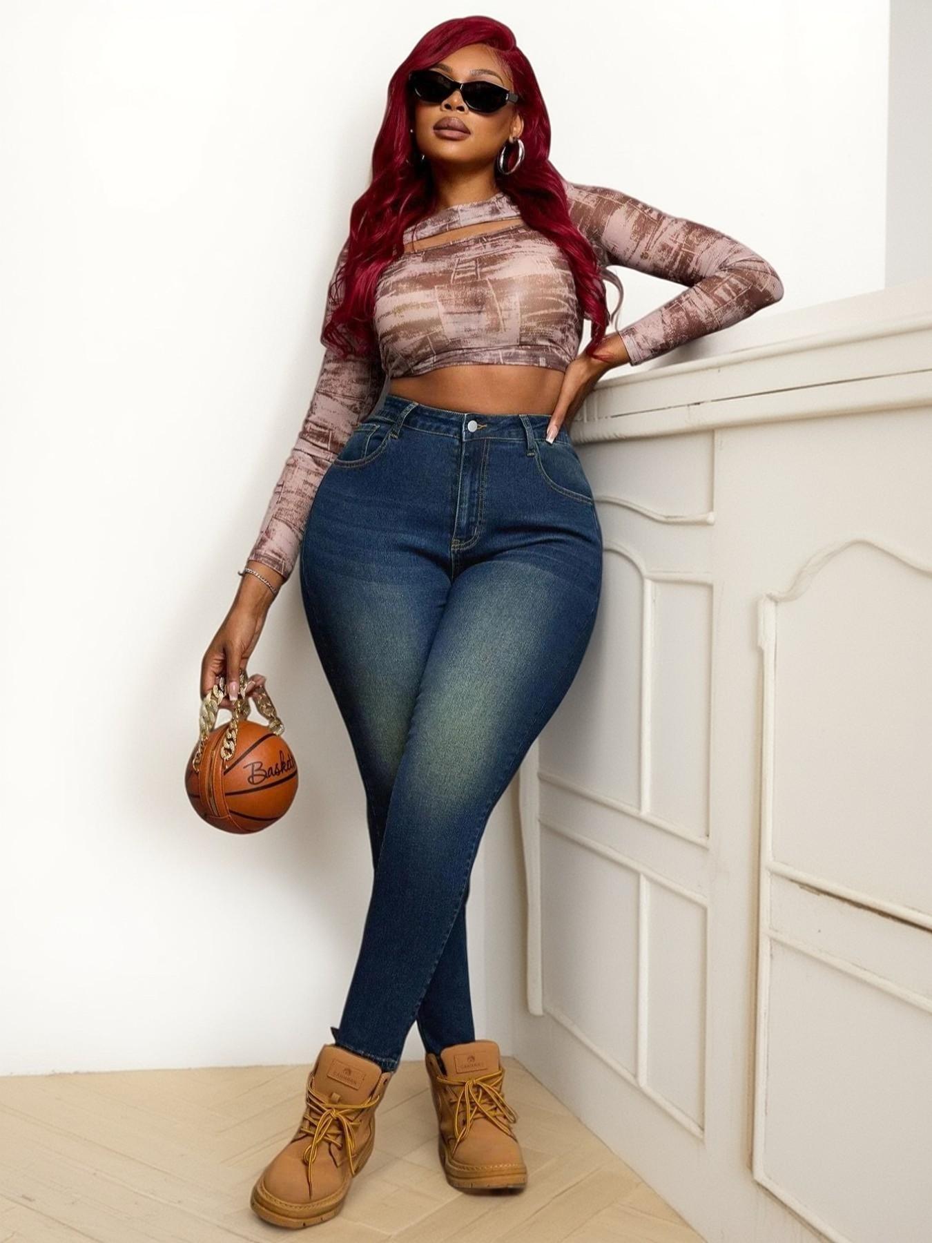 【Plus Size】Solid Button Design Fitted Skinny Jeans, Casual Comfy Retro Vintage Aesthetic Denim Pants for Daily Wear, Women's Bottoms for Summer, Womenswear Trouser