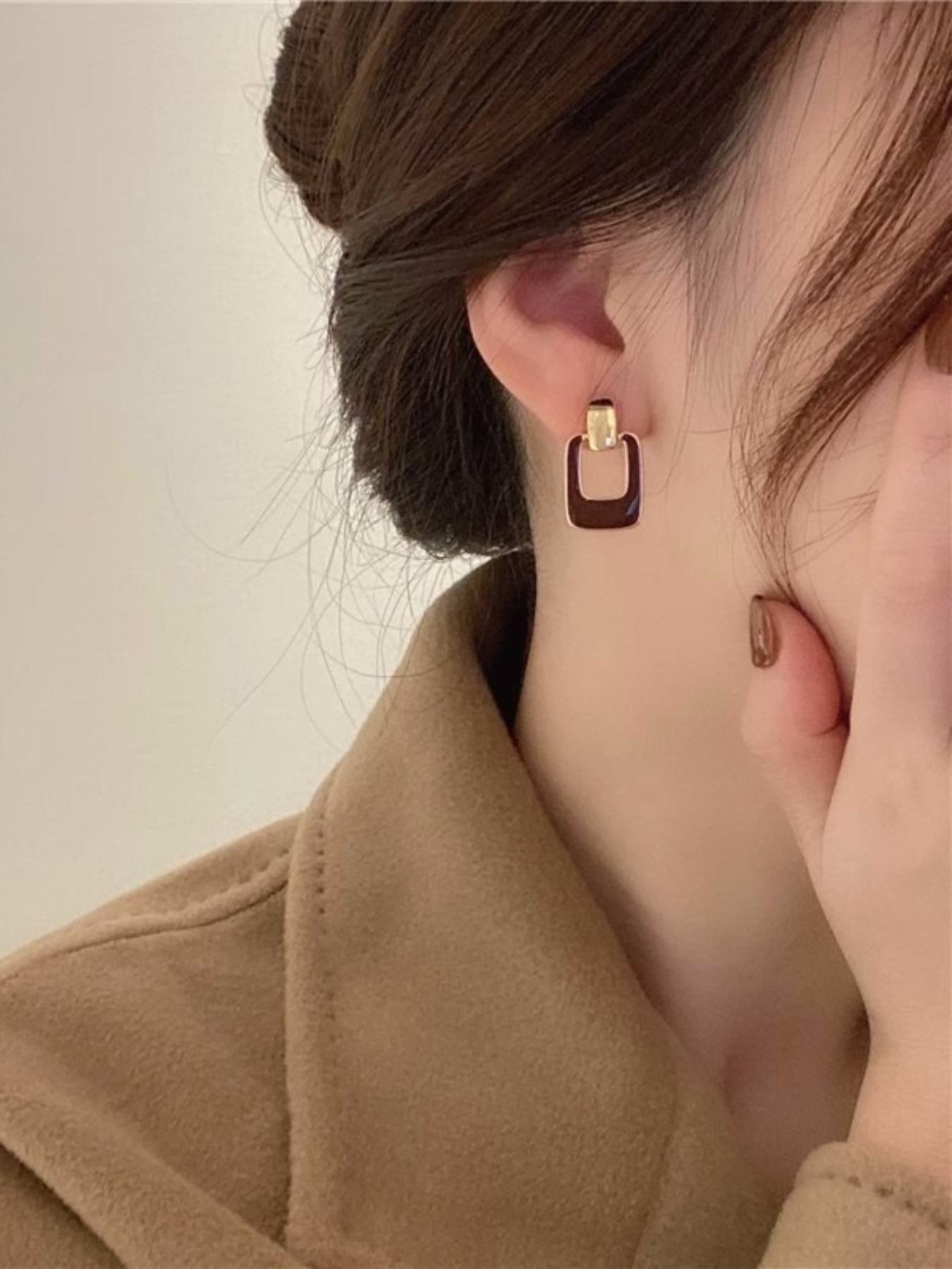 2pcs Geometric Enamel Earrings, Metal Plating, Elegant Vintage Style, Drop Earrings for Women, Daily Wear, Gift Idea