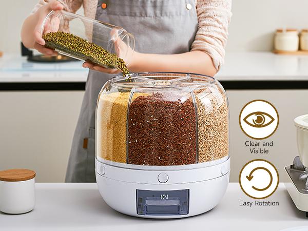 UFORU Moisture-Proof Grain Dispenser with lid, Proof & Insect-Proof, Durable Plastic,360°Rotating Design, Multi-GridGrain Storage Container Perfect for Rice, Grains, Cereals, Flour, Pet Food & Mini Candies FathersDayGift Kitchen Gadgets Kitchenware Home