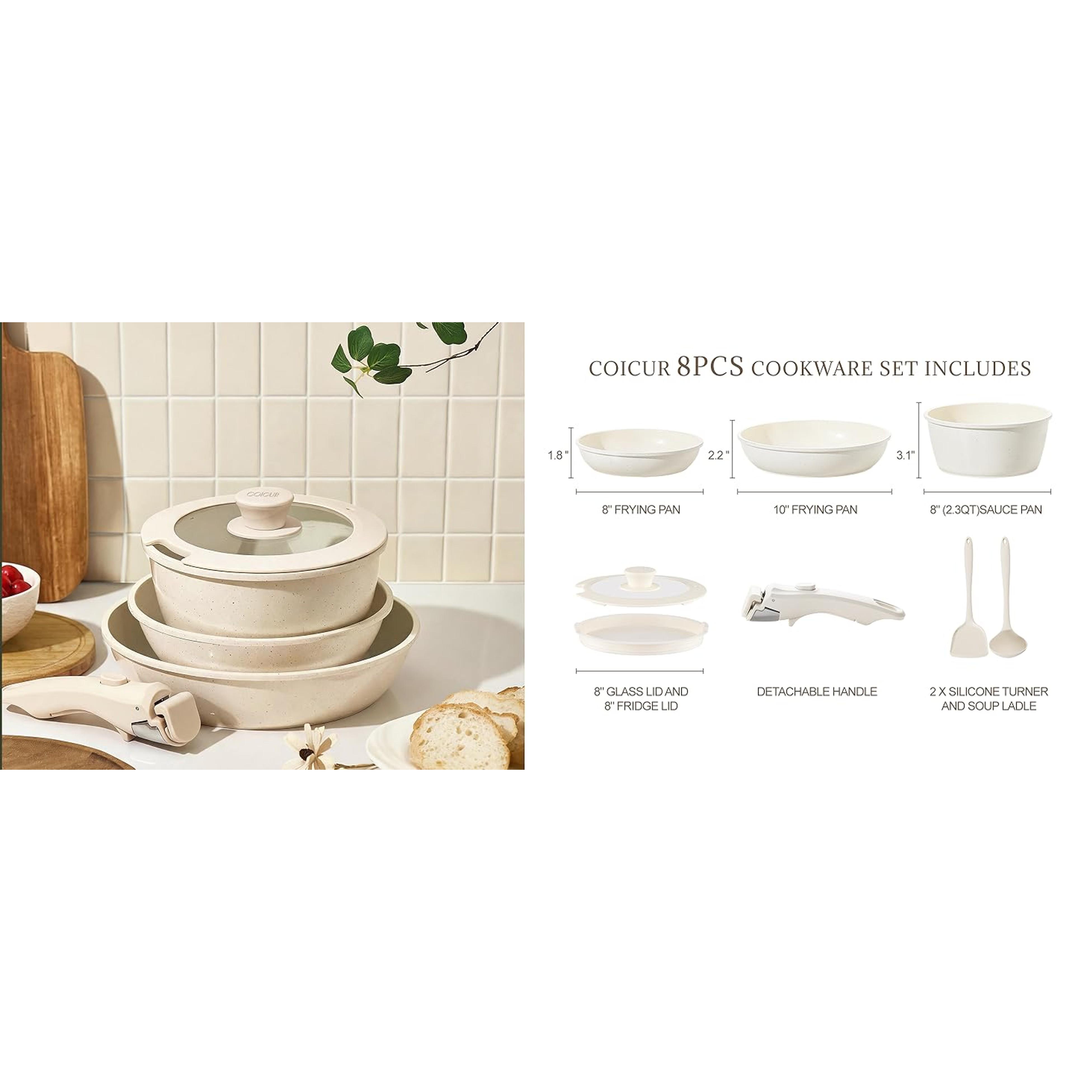 Ceramic Cookware Set Non Stick 8Pcs Pots and Pans Set Detachable Handle Induction Kitchen Cooking Set with Frying Pans Oven Dishwasher Safe, PFAS/PFOA Free, Cream White