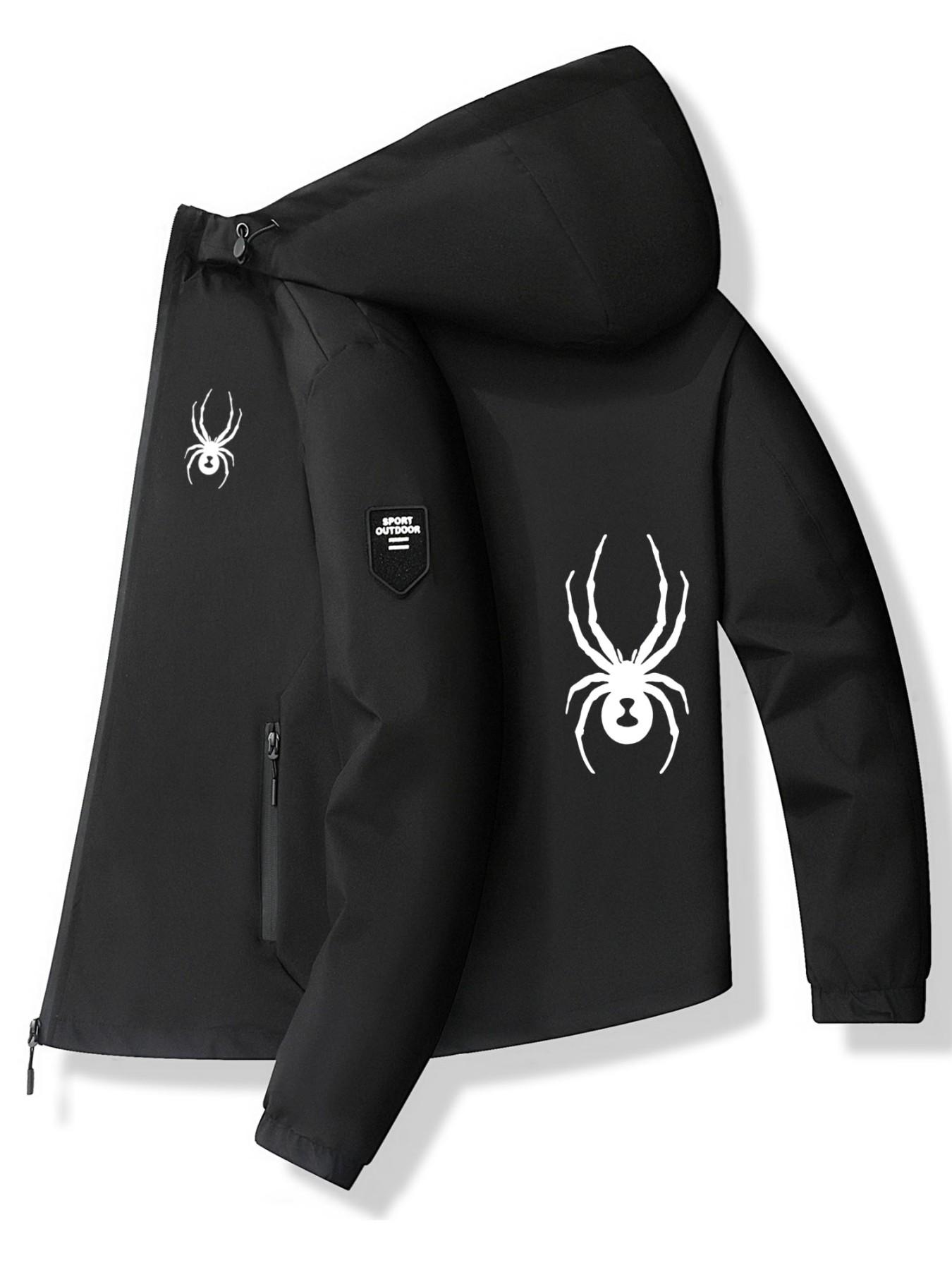 Bold Spider Print Hooded Jacket, Polyester Fabric, Stylish Spider Design, Casual Slim Fit, Spring & Fall Fashion Outerwear