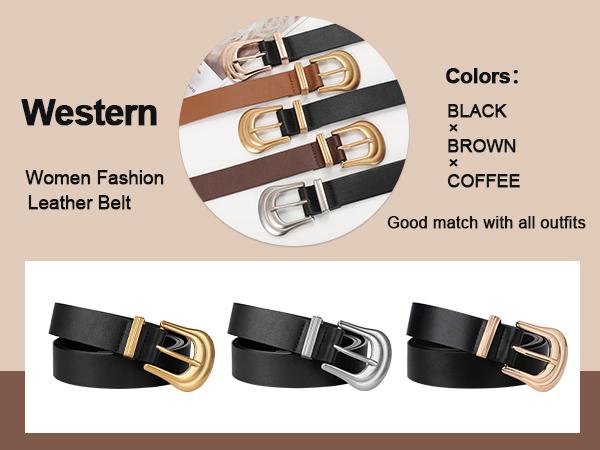 JASGOOD Women's Western Belt Vintage Black Leather Waist Belt with Gold Buckle for Pants Jeans