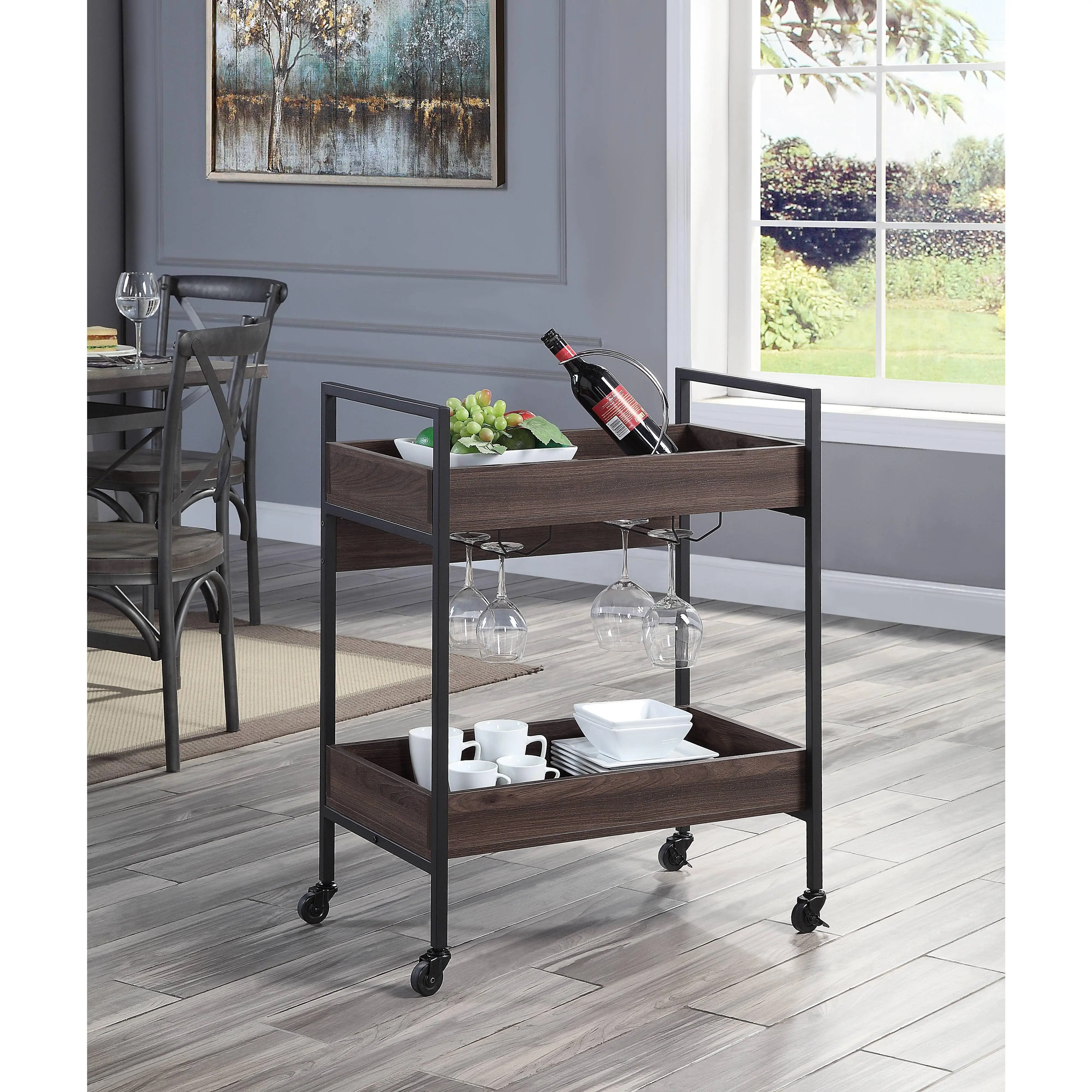 Walnut and Black Rolling Serving Cart with Two Tiers, Metal Frame and Wood Top, Kitchen Dining Room Bar Utility Cart, 28 x 17 x 36 Inches