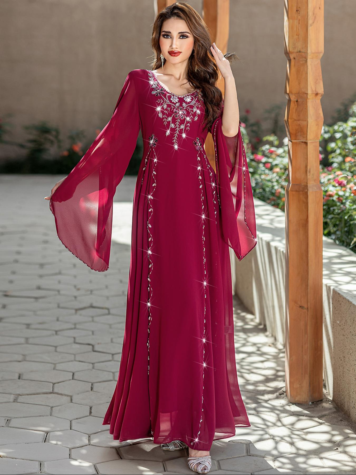 Women's Casual Dress with Rhinestone Beaded Applique, High-End Handmade Embroidery, Long Sleeve Design, Perfect for Daily Wear