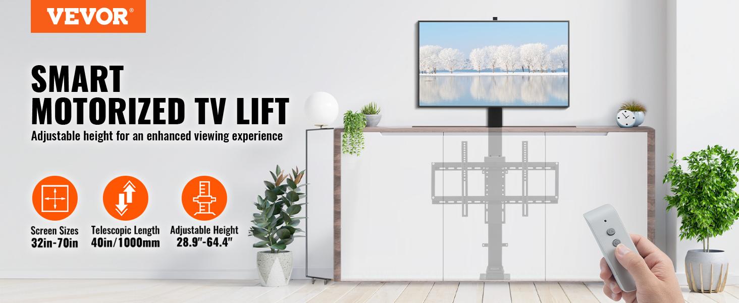 VEVOR Motorized TV Lift Stroke Length 35 Inches Motorized TV Mount Fit for 32-65 Inch TV Lift with Remote Control Height Adjustable 28.7-64.2 Inch, Load Capacity 154 Lbs