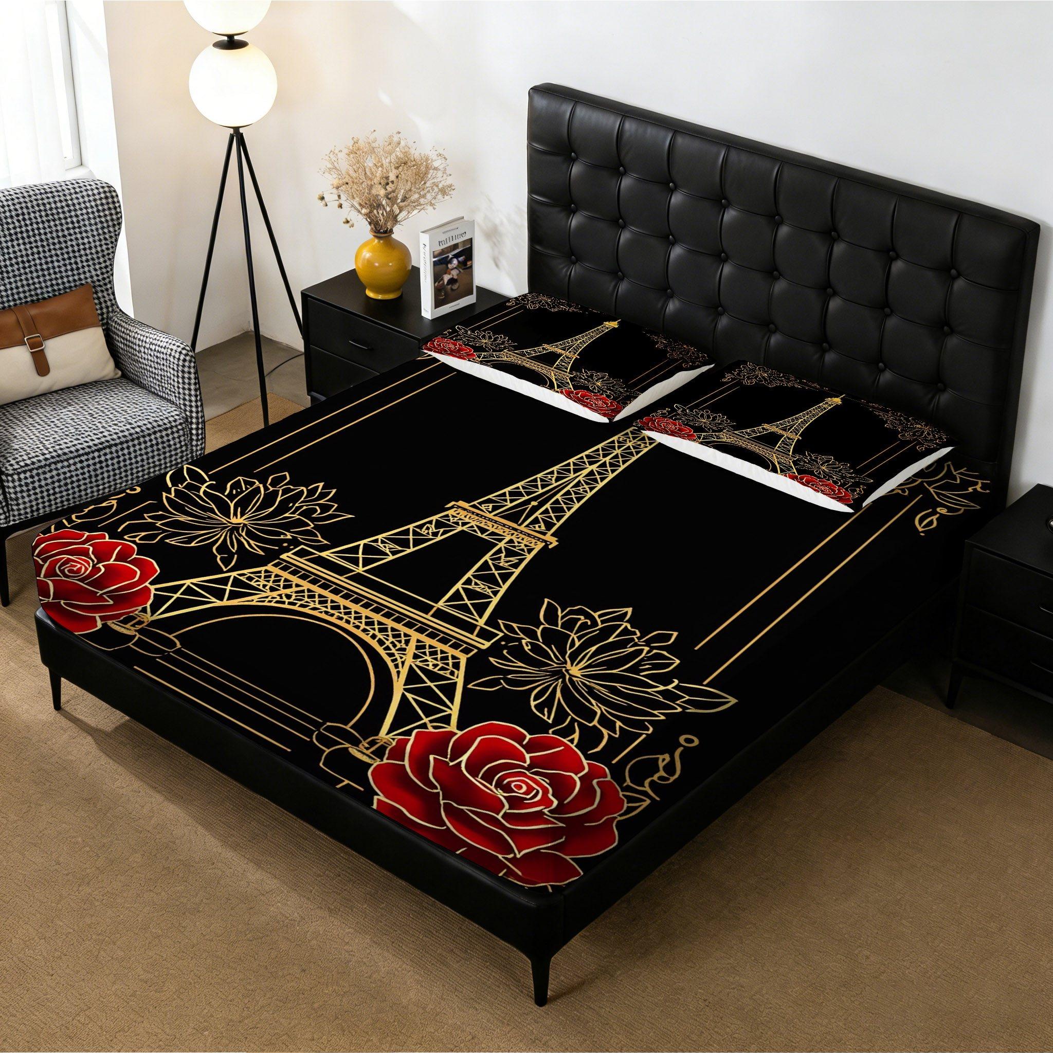 2/3 Pcs Paris Tower,Rose Theme Pattern Bedding Fitted Sheet Set(1* Fitted Sheet+1/2* Pillowcase,core Free),machine Washable,zipper Seal,multiple Sizes Suitable For All Seasons,suitable For Bedrooms,perfect Gift Festivals