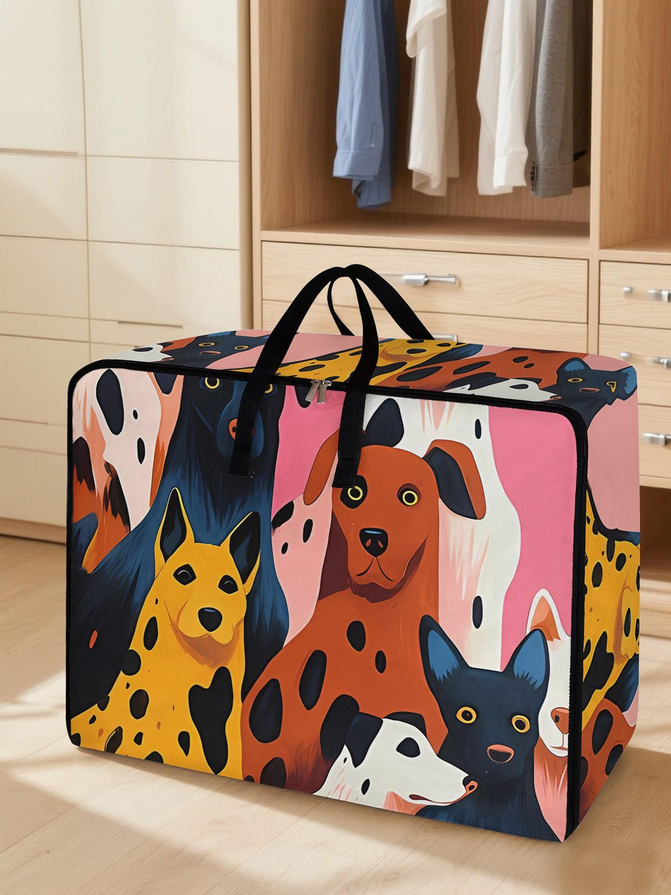 Dog Pattern Storage Box, Space-Saving Large Handheld Organizer, High Capacity Storage, Ideal for Moving, Travel, Camping, Dormitory, Bedroom, Blankets, Print