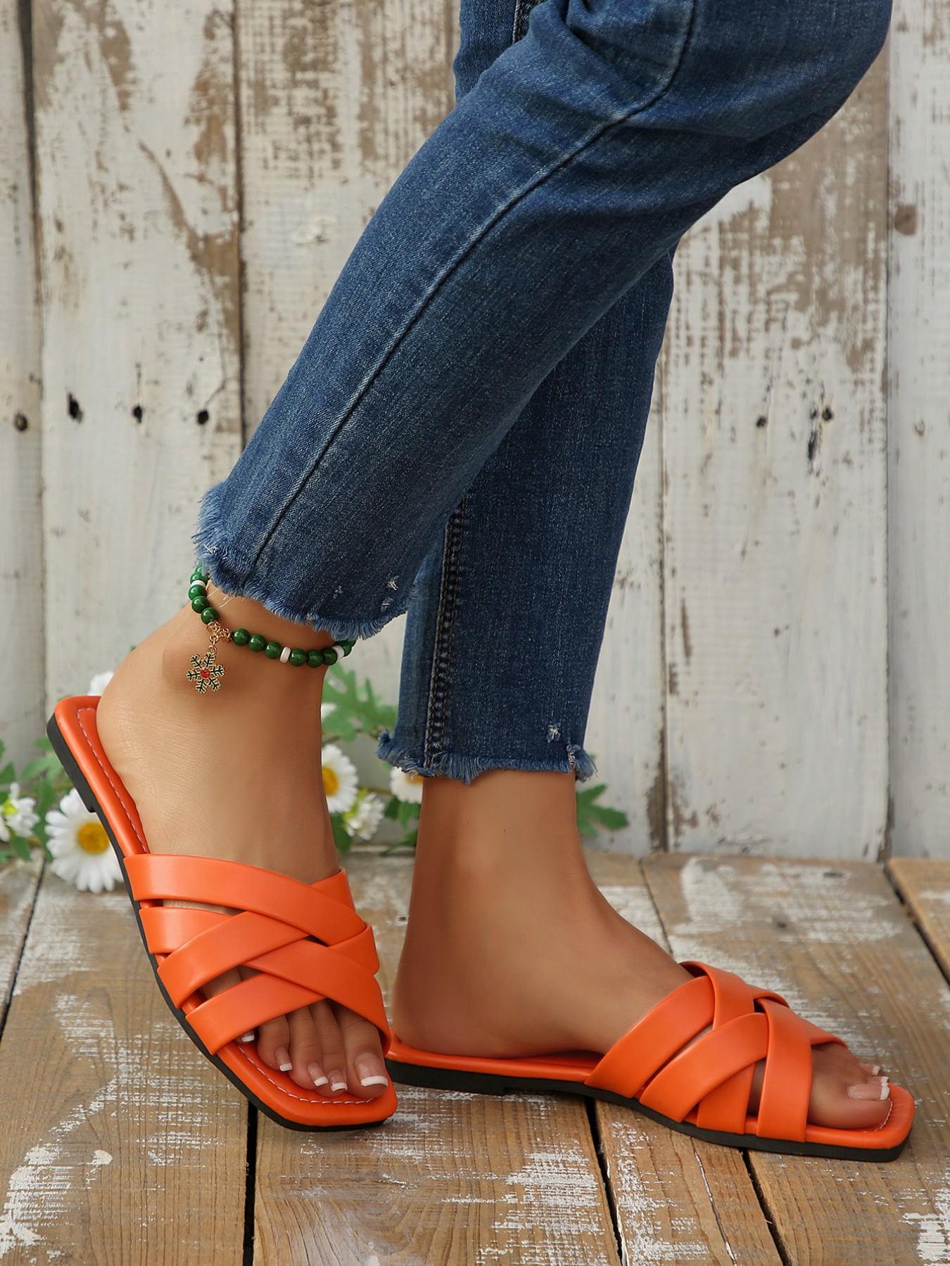 Women's Flat Square Toe Cross-Over Braided Slip-On Shoes, Comfortable Outerwear Footwear, Stylish and Practical Design for Daily Wear